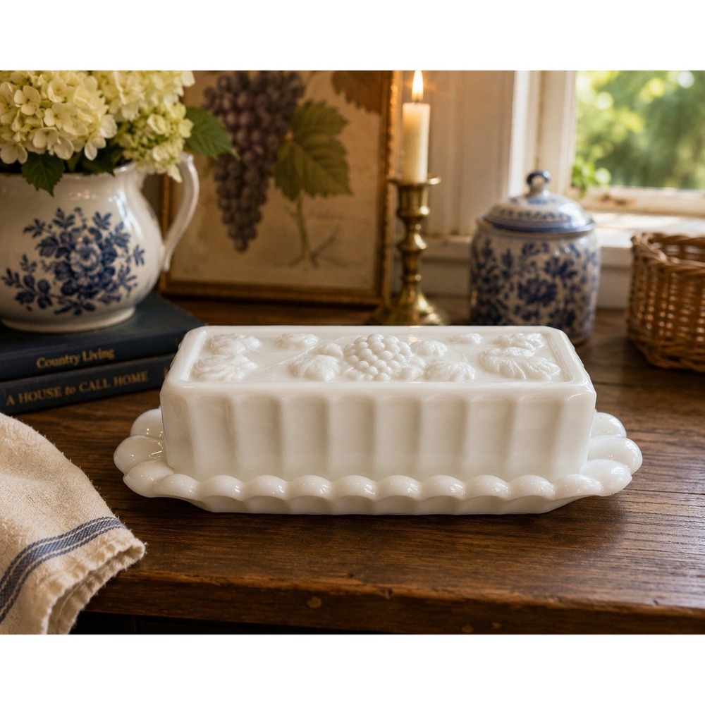 Westmoreland Paneled Grape Milk Glass Covered Butter Dish with Tray